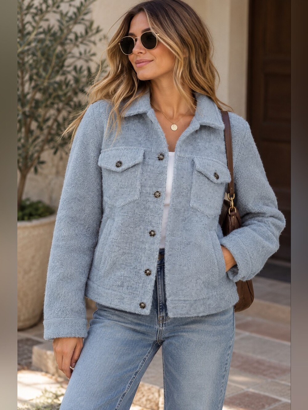Mable Chenille Trucker Jacket S/M Light Blue Preppy Coastal Quiet Luxury Soft